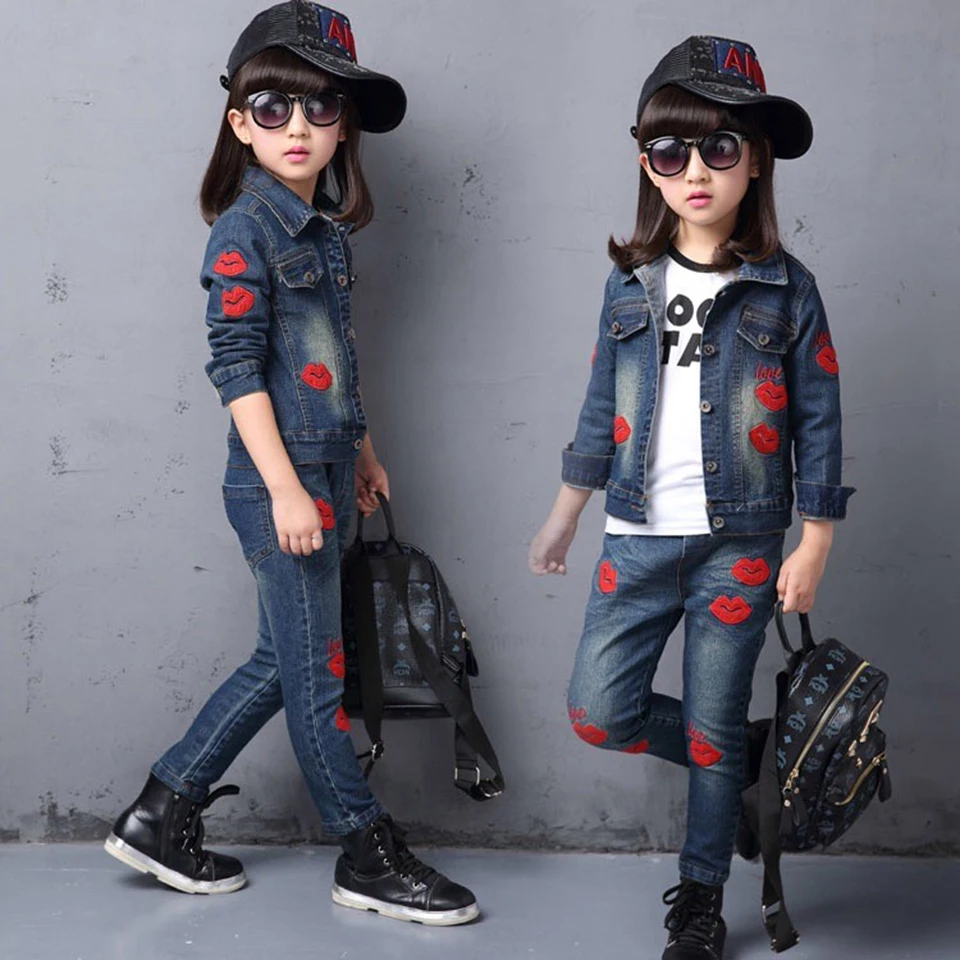 

New Fashion Girl Spring Casual Clothes Sets Children Cartoon Pattern Print Denim Blue Pants 3T-12 Yrs Autumn Kids Clothes Suits