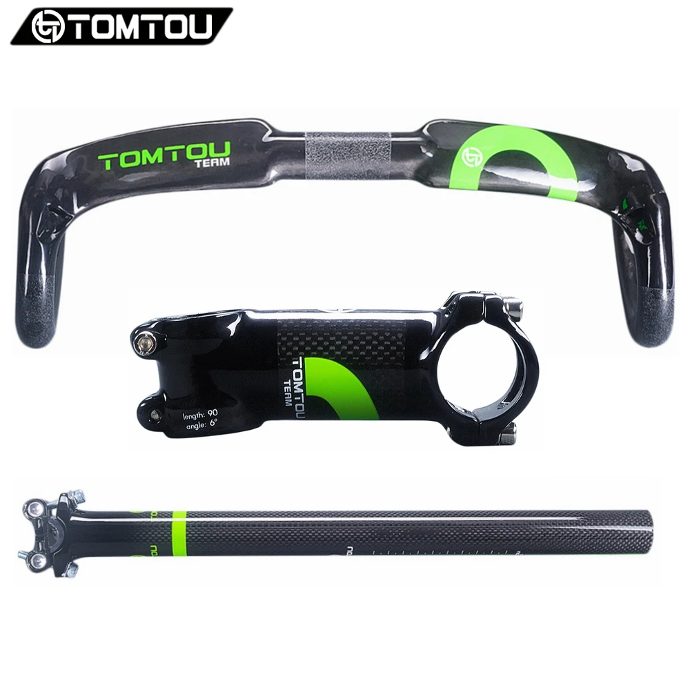 

TOMTOU Carbon Road Bicycle Handlebar Stes Road Bike Bent Bar + Stem + SeatPost 0mm Setback Green - TC7T65