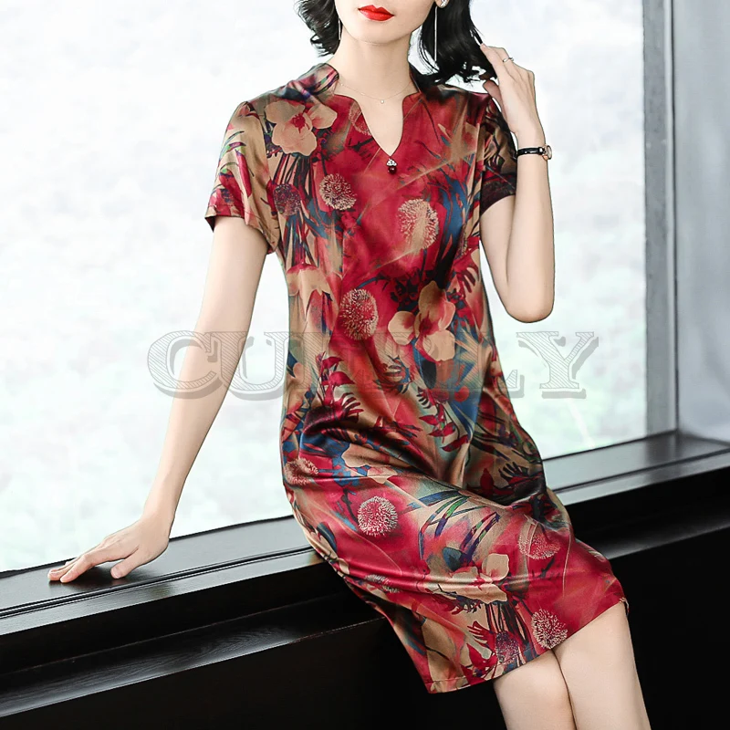Image Plus Size Dresses Sweet Women Clothes Imitate Real Silk Dress New Fashion Summer Print Beach Dress Elegant Casual Costumes