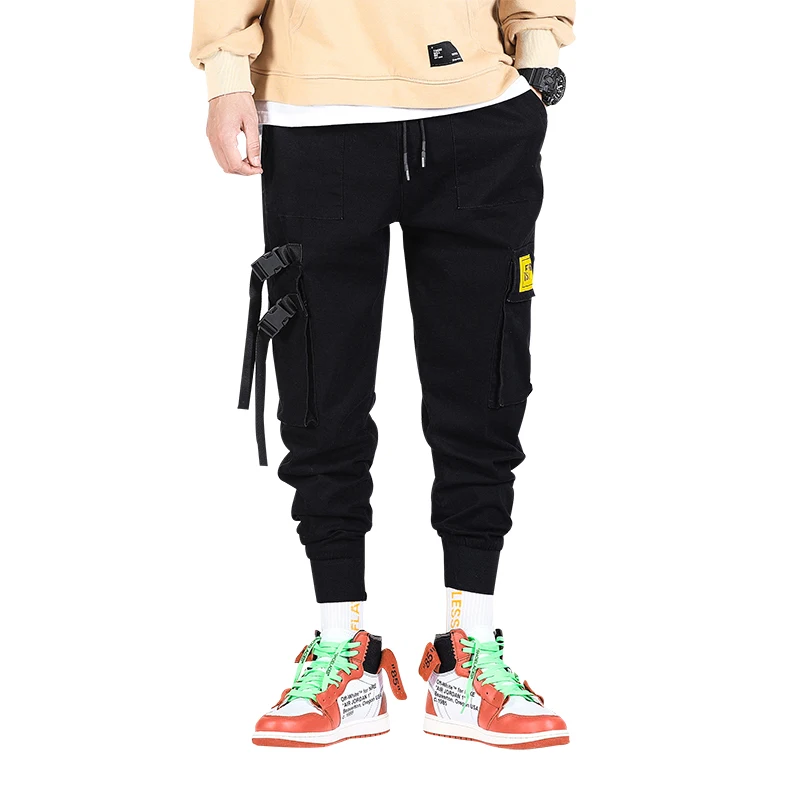 

Cargo Pants Men Polyester Comfortable Drawstring Joggers Trousers Black White Many Pockets Ankle Banded Male Casual Pants