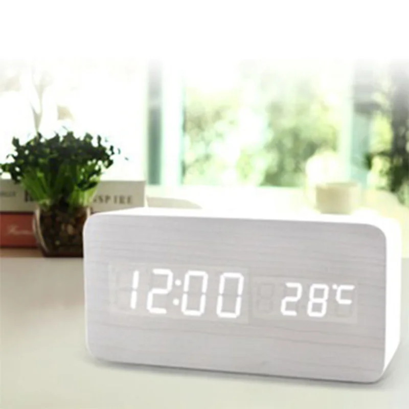 

fashion Wooden Alarm Clock With Qi Wireless Charging Charger Pad Sound Control Wood LED Digital Clock For samsung xiaomi huawei