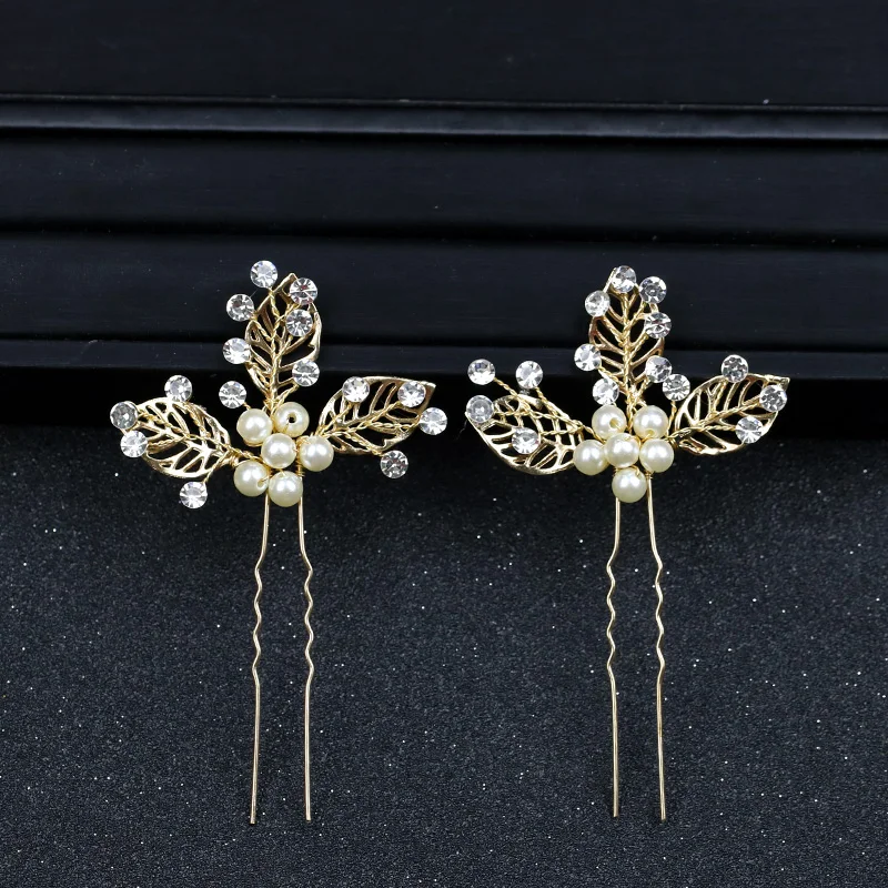 

Golden Leaf Pearl Wedding Hair Pins Bride Kanzashi Accessories For Women Wedding Hair Jewelry Hairpins Decorations on the Head