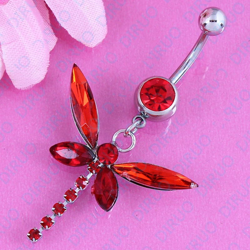 Retail 316L Stainless Steel Red Dragonfly Navel Belly Button Ring Body Piercing Jewelry nickel-free