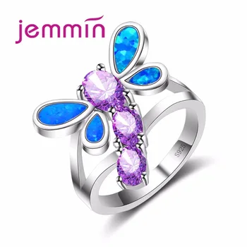 

Jammin Butterfly Ring Purple Crystal Rhinestone Bague Hollow Design Fine Blue Fire Opal S925 Sterling Sliver Ring