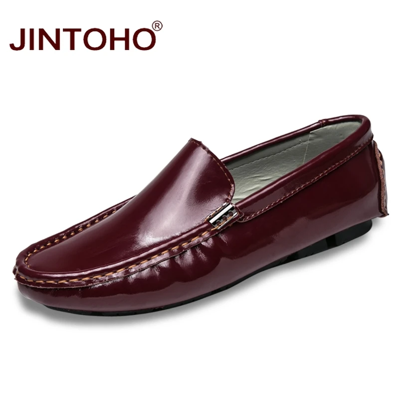 JINTOHO/; мужские повседневные лоферы; мужские кожаные лоферы без застежки; брендовая мужская обувь из натуральной кожи; модные лодочные Мокасины - Цвет: jiu hong