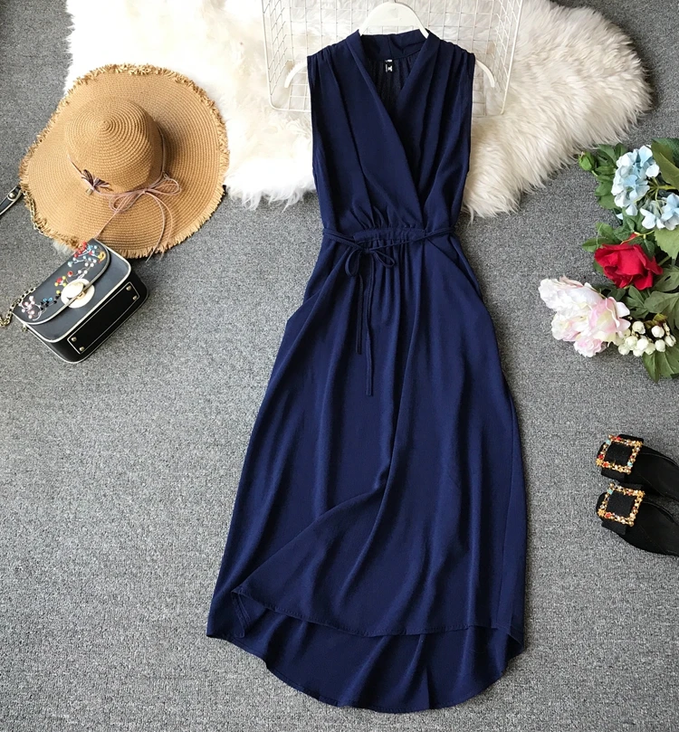 

2019 new fashion women's Sleeveless dress female summer slim elegant V-neck solid color simple dresses