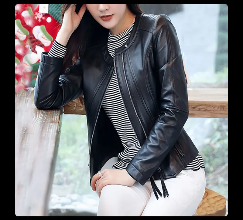 Корейский стиль, женская черная кожаная байкерская куртка из натуральной овечьей кожи, байкерская куртка, пальто giacca blouson moto jaqueta de couro LT1939