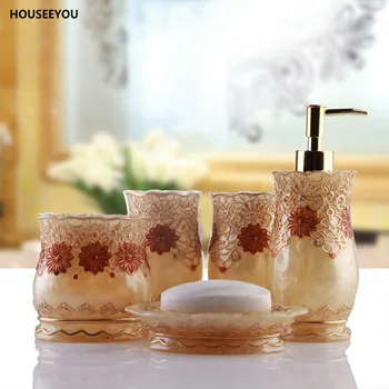 

European Lace 5Pcs/set Resin Bathroom Accessories Set High Quality Soap Dish Soap Dispenser Toothbrush Holder Tumbler Gold/Silve
