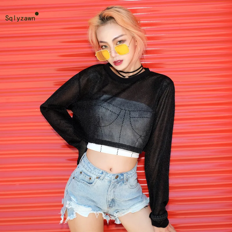 

Women Sexy Black Transparent Long Sleeve Crop Top 2019 Spring Silver Wire Loose Bling T-shirts Harajuku Gliter See Through Tops
