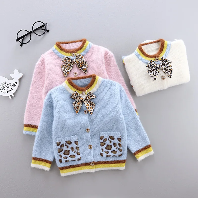 

2019 Autumn Winter Baby Girls Long Sleeve Leopard Print Bow Knitwear Sweater Children Kids Knitted Cardigans Outerwear Coat