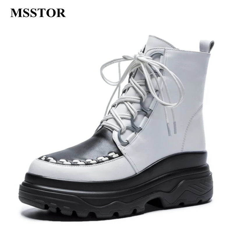 

MSSTOR Fashion Mixed Colors Platform Boots Wedge Round Toe Elegant Casual Winter Martins Boots Winter Lace Up Boots 2018 New