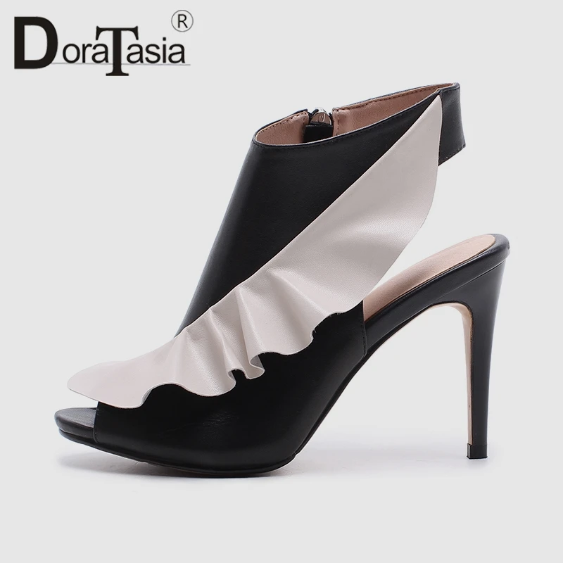 

DoraTasia 2019 New Arrival 33-40 Runway mixed-color Summer Sandals Women Genuine Leather Ruffles High Heels Shoes Woman