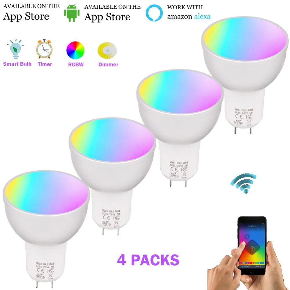 

Smart GU5.3 Wifi Bulb, RGBW Color Changing Smart Light, 5 Watt Spotlight Equal to 50W ,Works with Alexa Google Assistant(4Packs)