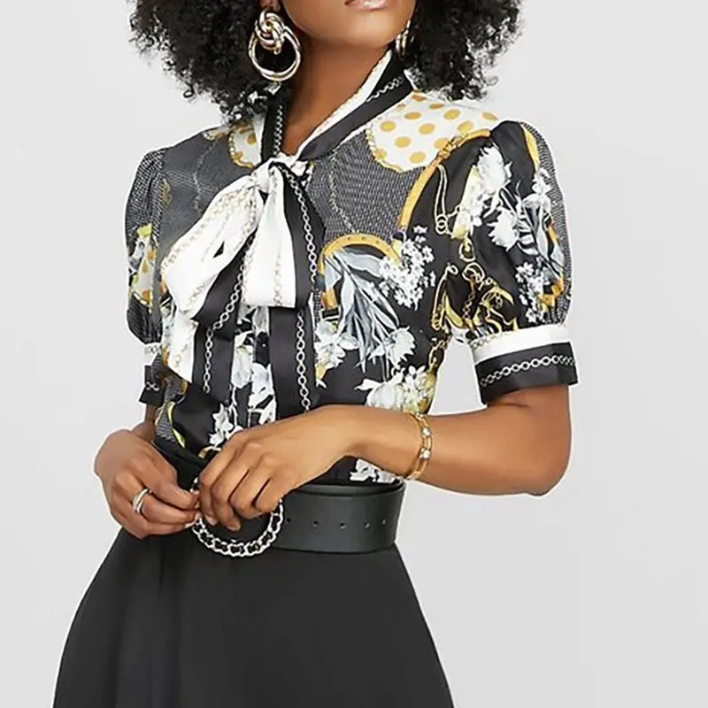 Черная Цветочная блузка с коротким рукавом размера плюс для женщин 4XL винтажная Офисная Женская водолазка с бантом на шнуровке летние топы