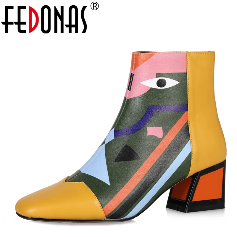 Prix FEDONAS Mode Marque Femmes Cheville Neige Bottes Chaud Talons hauts Martin Chaussures Femme Pompes De Mariage De Partie De Base Véritable En Cuir Bottes
