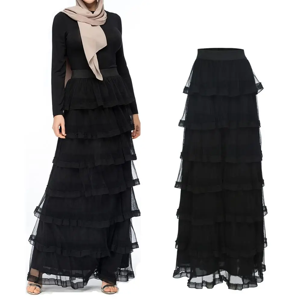 

Fashion Women's Long Skirt Mesh Pleat Muslim Bottoms Ruffle Cake Layered style Pencil High Waist Ramadan Party Islamic Clothing