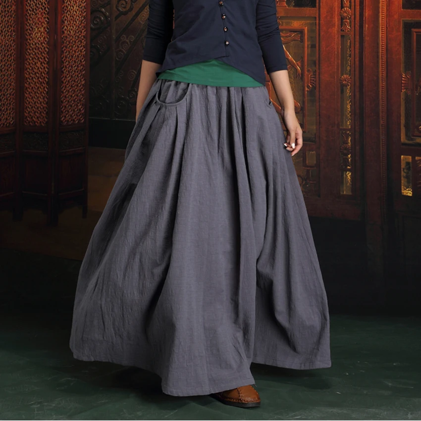 

2018 Autumn Plus Size 6XL 5XL XXXXXXL Vintage Retro Casual Gray Cotton Linen Big Pocket Female Long Maxi Skirts designs Womens