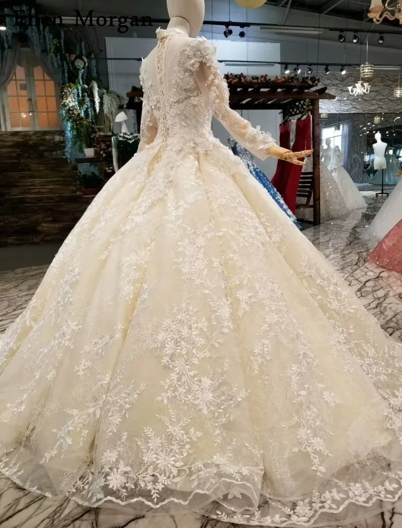 Старинные c высоким горлом одежда с длинным рукавом свадебные платья 2019 цветы кружевная горловина пол Длина корсет свадебное платье