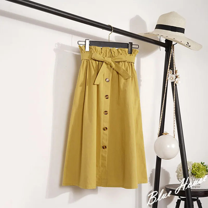 CRRIFLZ Летние Осенние юбки женские миди до колен Корейская элегантная юбка на пуговицах с высокой талией Женская плиссированная школьная юбка - Цвет: Цвет: желтый