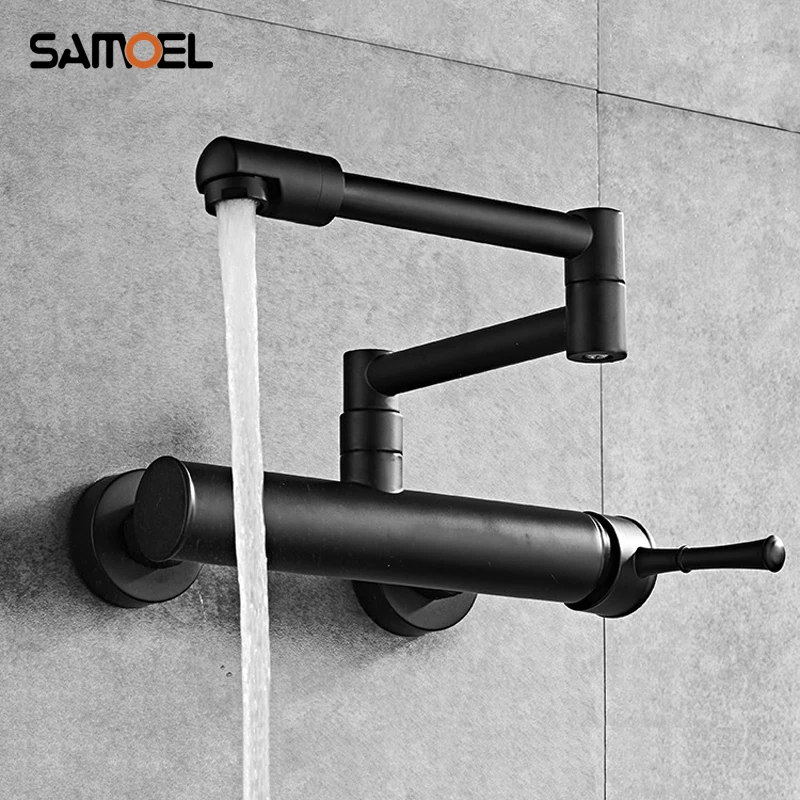 

Newest Brass Black Wall Mounted Dual Hole Kitchen Sink Foldable Mixer Tap Rotating Cold Hot Water Faucets B3318