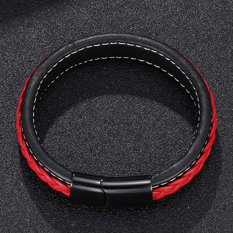 Новые мужские ювелирные изделия панк черный красный плетеный кожаный браслет для мужчин нержавеющая сталь Магнитная Застежка модные браслеты подарки PB0008