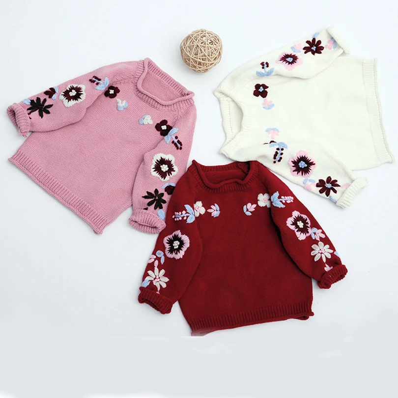 Винтажный свитер с длинными рукавами и цветочной вышивкой для девочек, пуловеры для новорожденных, одежда для малышей, Детский свитер на Рождество