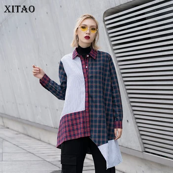 

XITAO Plaid Hit Color Long Blouse Women Patchwork Irregular Korea Fashion Turn Down Collar Single Breasted 2019 Shirt WBB1692