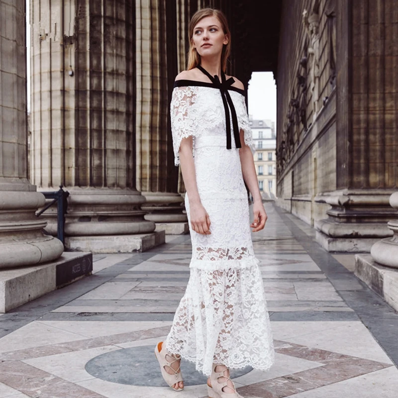 Ky&Q Sexy White Trumpet Dress Women 2017 Evening Party Maxi Dresses long Summer Hot Hollow out Out of Shoulder Backless Tunic long-white-lace-dress