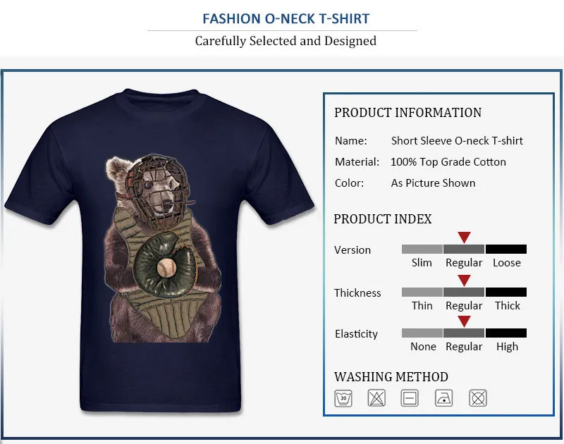 100% Cotton Men Short Sleeve Baseball Bear Catcher T-shirts Simple Style Tops Shirts Prevailing Design Round Collar Tee-Shirt Baseball Bear Catcher