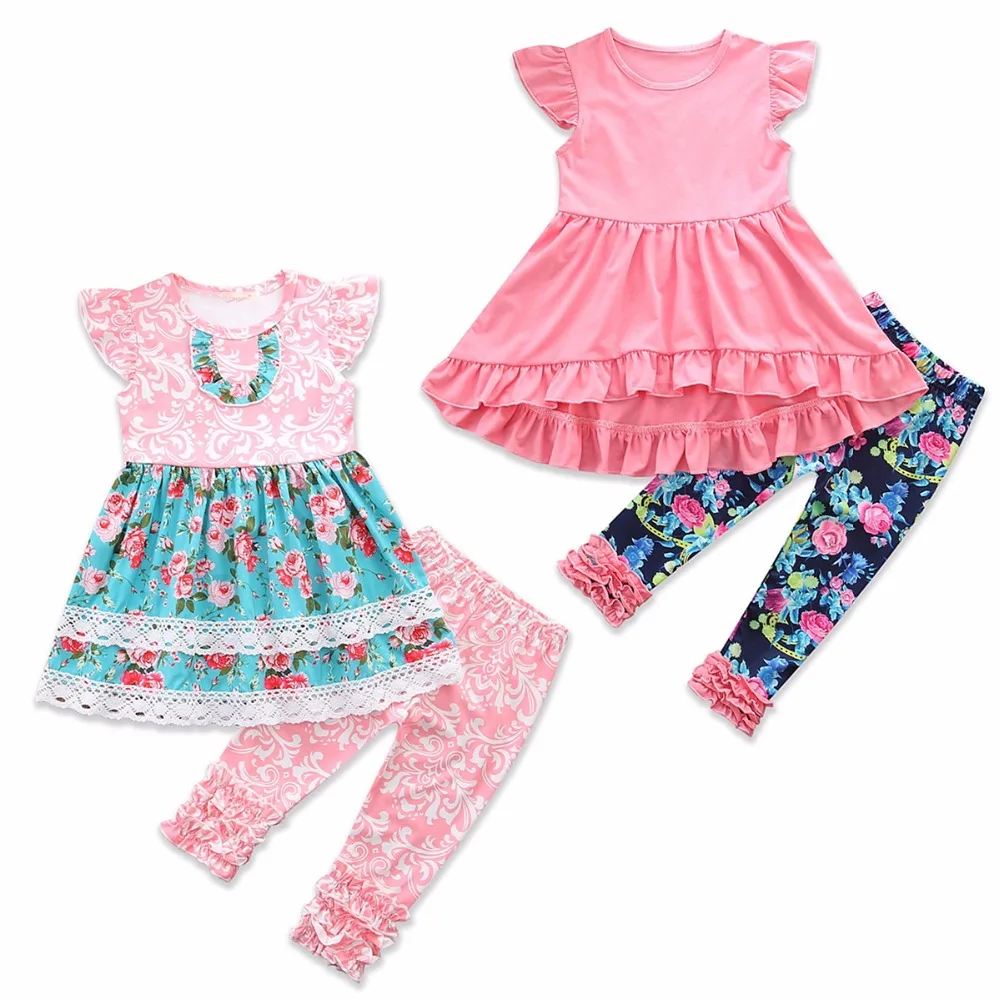 

Puseky 2pcs Lace Shirt Dress Suits Baby Kid Girl Princess Frilled Sleeve Long Pant Trousers Layered Ankle Hem Floral Print Dress