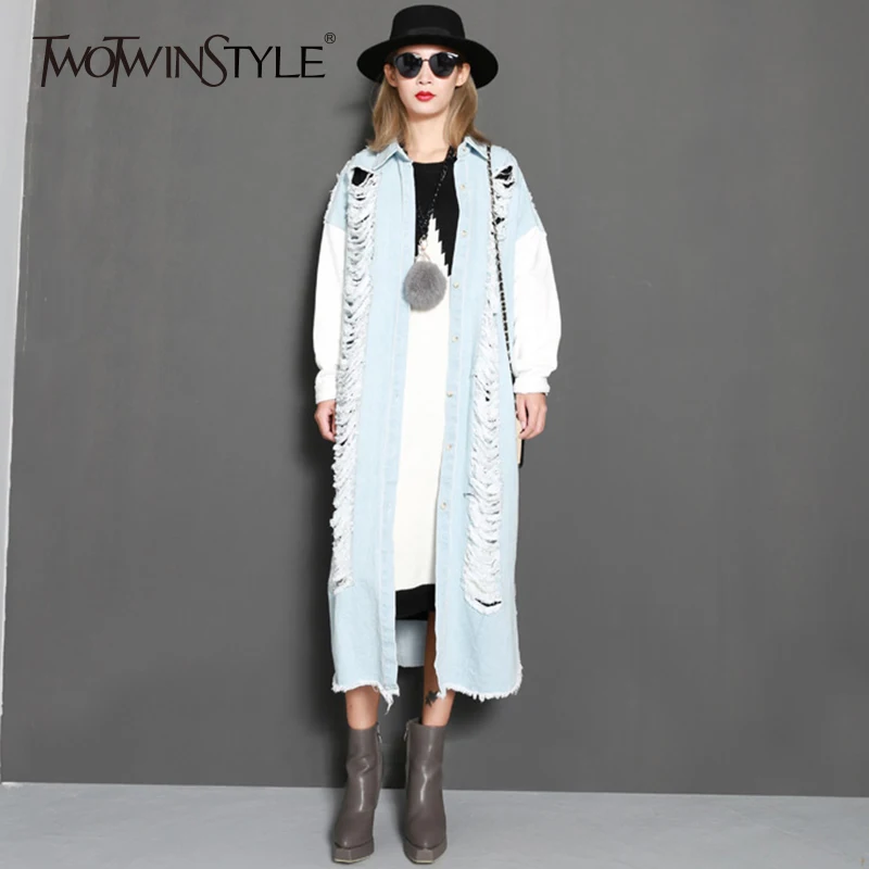 TWOTWINSTYLE джинсовая ветровка с дырками женские рваные Лоскутные воротник с ОТВОРОТОМ однобортный х длинный Тренч пальто весна мода