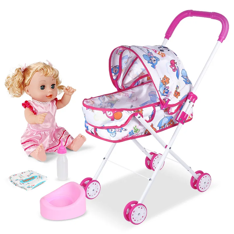 Child Pretend Play Furniture Toys Set Rainbow Simulation Baby Stroller Folding Dinner Chair Crib Cot Playhouse Accessory Toy Set