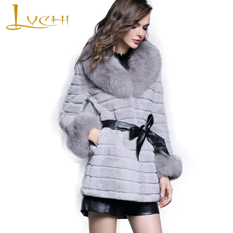 Lvchi winter2017 натуральным кролика рекс Мех животных пальто Для женщин девять четверти Средний повседневные с лисой меховой воротник кролика Рекс Мех животных Пальто для будущих мам
