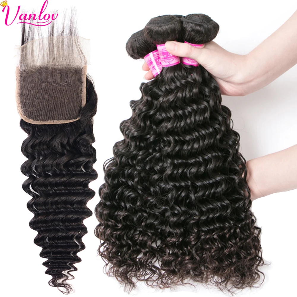 

Vanlov Deep Wave Bundles With Closure Human Hair Peruvian Hair Weave 3 Bundles With Closure 1B#/1# Jet Black Remy Hair Extension