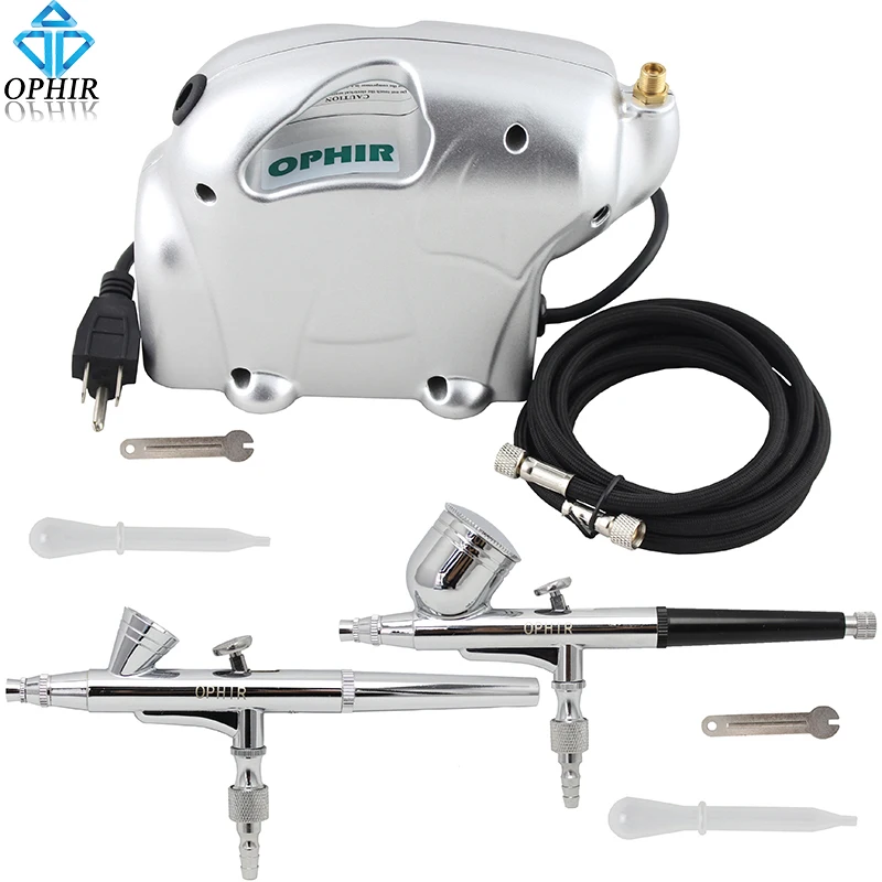 

OPHIR 0.2mm & 0.3mm Dual Action 2-Airbrush Air Compressor Kit for Makeup System Temporary Tattoo110V,220V_AC092+AC004+AC073