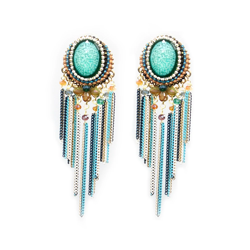

1 Pair Fashion Alloy Copper Iron Chain Pendant Resin Crystal Earring For Woman Bohemian Nation Jewelry Wedding Accessories