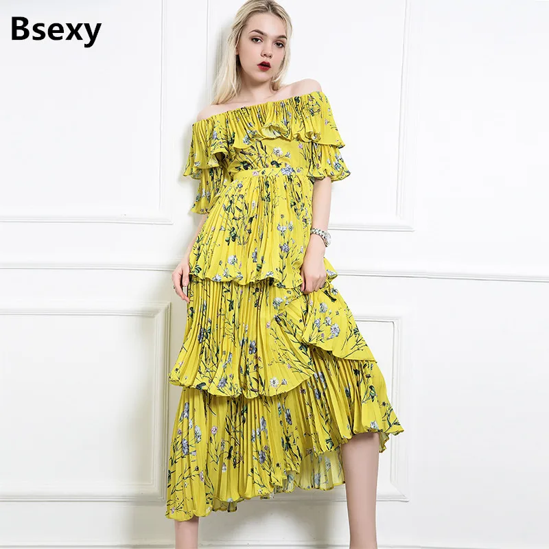 Summer Yellow Boho Dress 2018 Floral Print Pleated Women Chiffon Dress