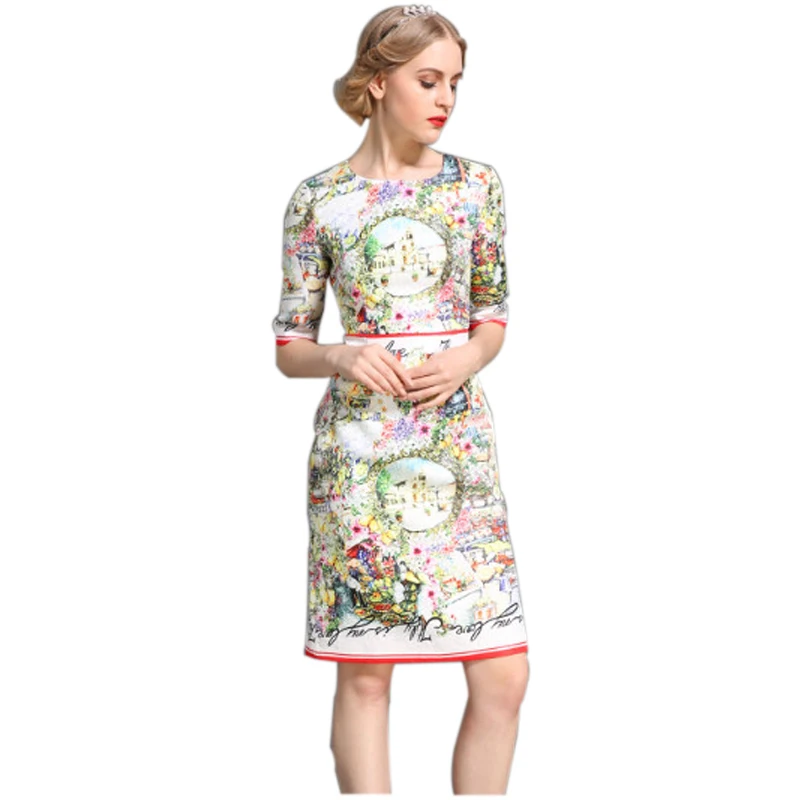 

Classic Design Women Top Fashion Summer Colorful Flower Printed Runway Slim Straight Dress Jacquard Cotton Vintage Dresses
