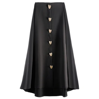

2019 new design women black skirts long A-line loose lady elegant party skirts metal button clothing