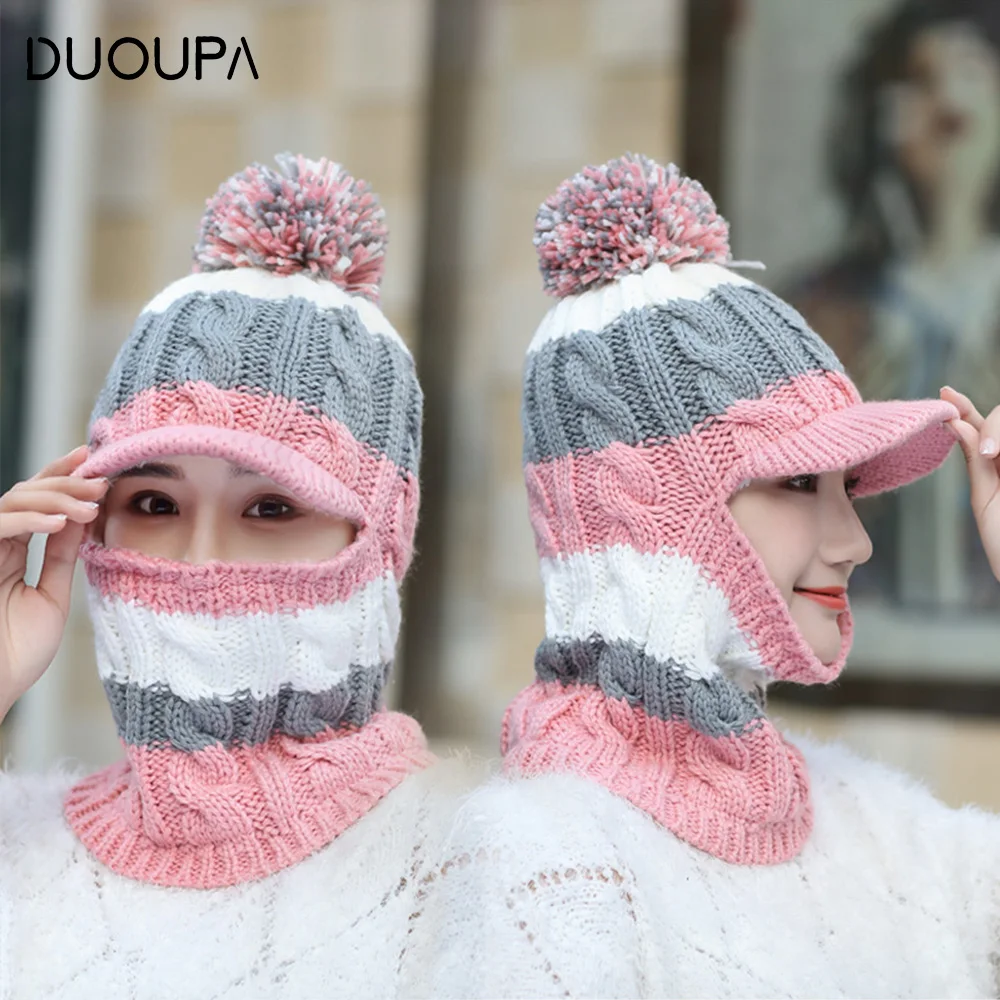 

Autumn and winter new plush and thicker conjoined women's Wool Cap Baseball outdoor cap with warm knitted cap