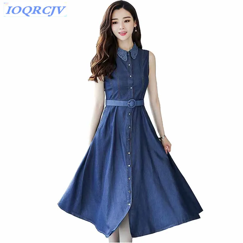

Sleeveless dress summer women 2018 denim dress Plus size Single-breasted top Lace collar Belt Slim female long jeans dress N095
