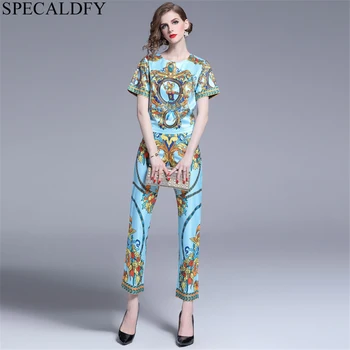 

2020 Summer Designer Runway 2 Piece Pants Set Women Short Sleeve Vintage Blouse Tops High Waist Ankle Length Pant Two Piece Sets