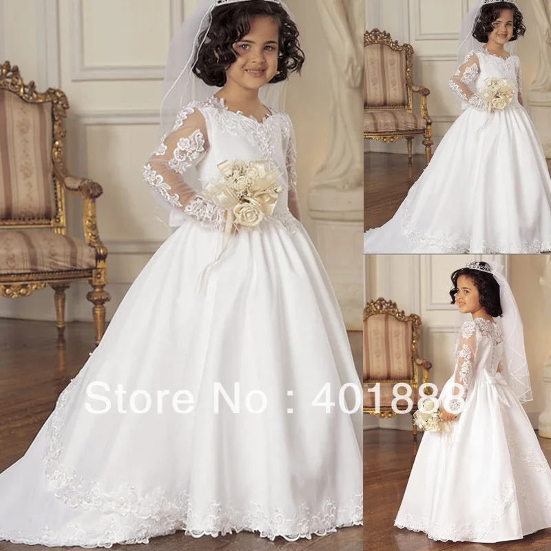 2014 Beautiful Long Sleeve Lace Applique Long Tail White Kids