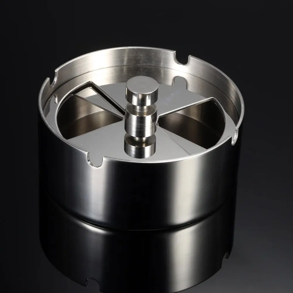 

Top Quality Portable Practical Home Metal Ashtray Spinning Black Rotation Plain Cigarette Ash Tray Push Down Smoking