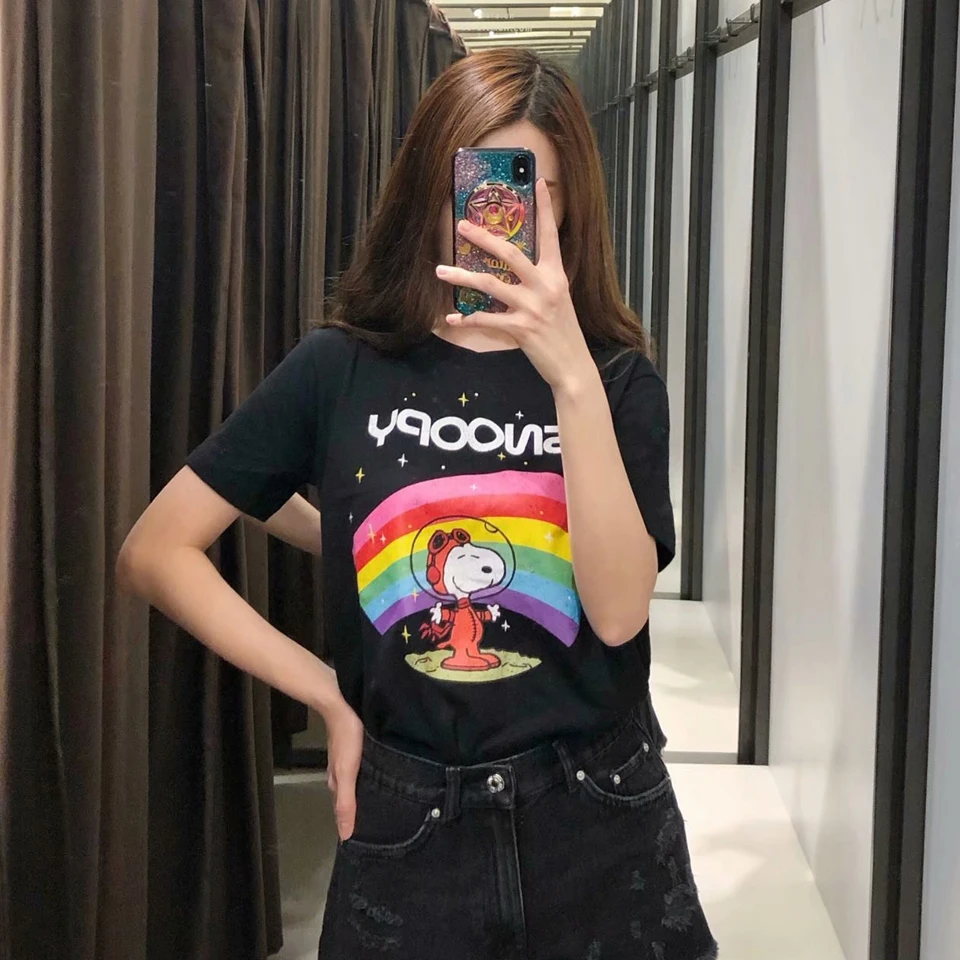 2019 الصيف المرأة Harajuku عارضة تي شيرت المحملة قمم الأزياء طباعة س الرقبة قصيرة الأكمام القطن الإناث الأسود التي شيرت أعلى الملابس