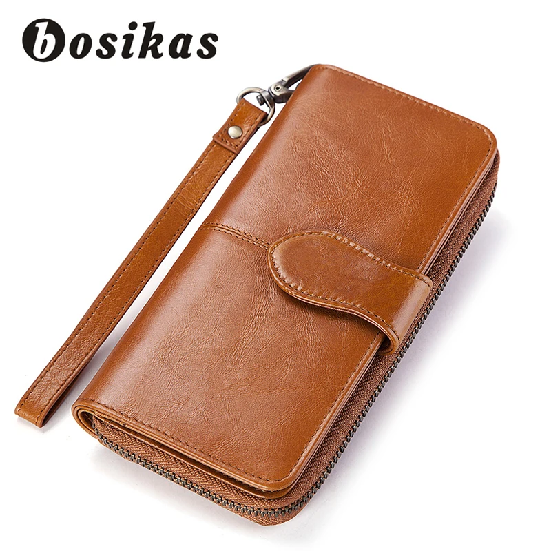 

BOSIKAS Women Genuine Leather Wallet Female Purse with Coin Pocket Wallet Credit Card Holder Wallets Lady Long Leather Wallet