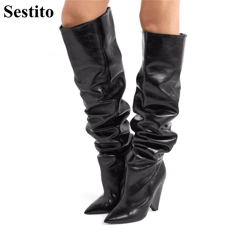 

Sexy European Black Pleated Pointed Toe Woman Boots Knee-High Boots Women Super High Spike Heels Slip-on Long Boots Women Shoes