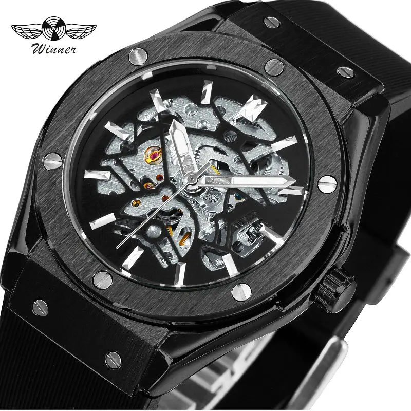 

WINNER Top Brand Luxury Outdoor Sports Men Automatic Mechanical Watch Rubber Strap Creative Skeleton Design Casual Wristwatch