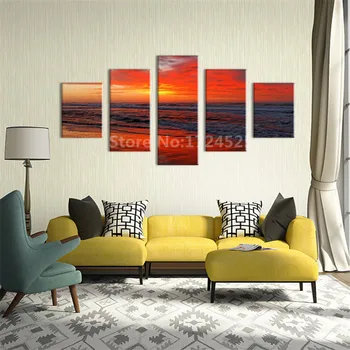 

Unframed 5 Panels Landscape Hot Evening Peaceful Beach Wall Art Picture Home Decoration For Bar Living Room Printed Modern Art
