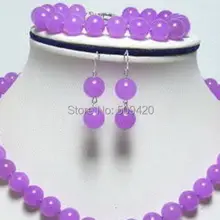 Подлинная 10 мм Фиолетовый Нефритовый камень ожерелье комплект из браслета и серег
